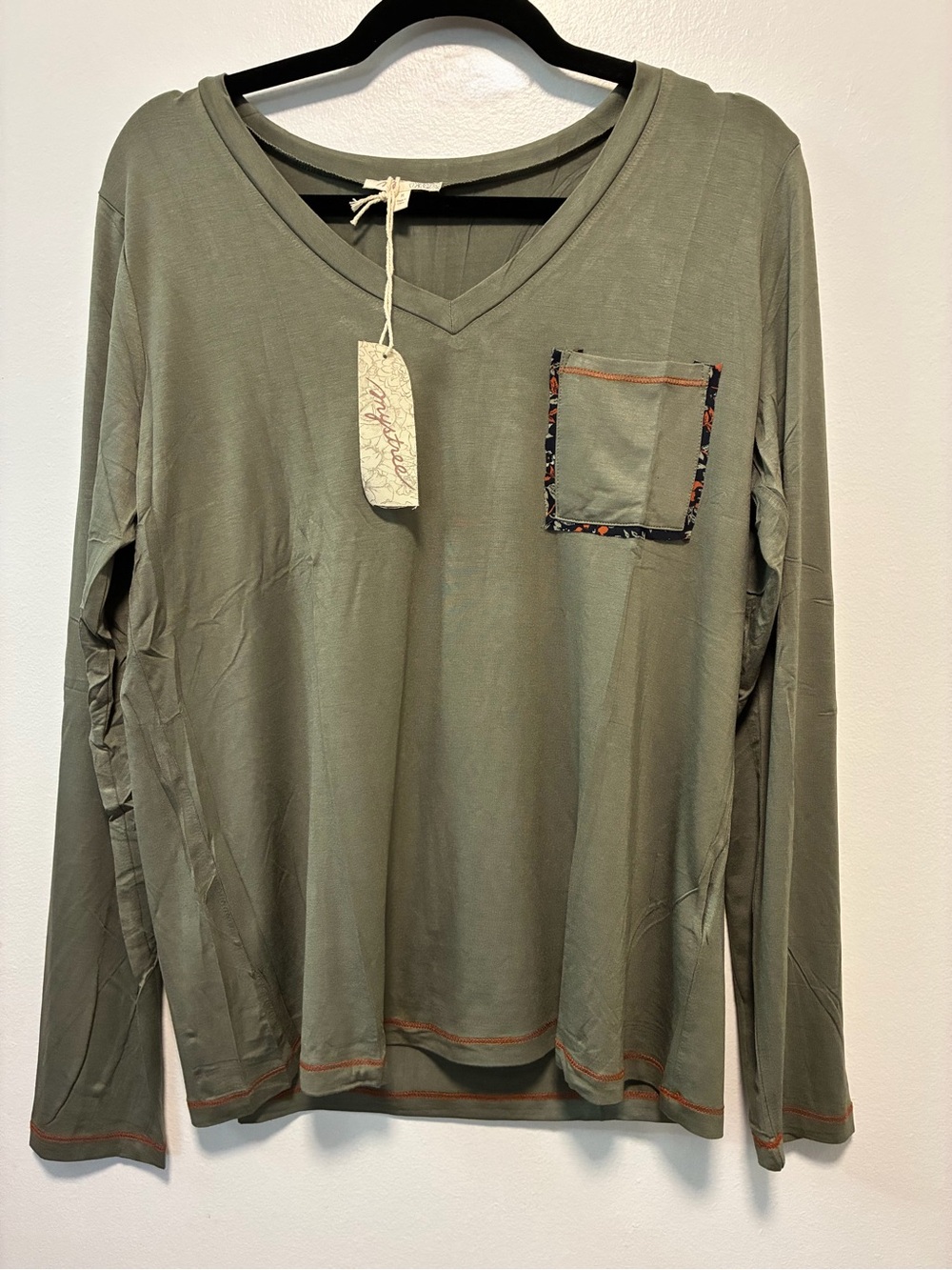 Mystree V-Neck Long Sleeve Modal Shirt in Olive with Fall Inspired Pocket